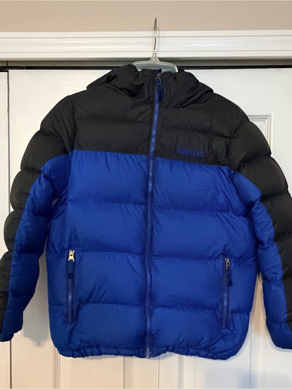 Marmot Blue and Black Kids' Hooded Puffer Jacket